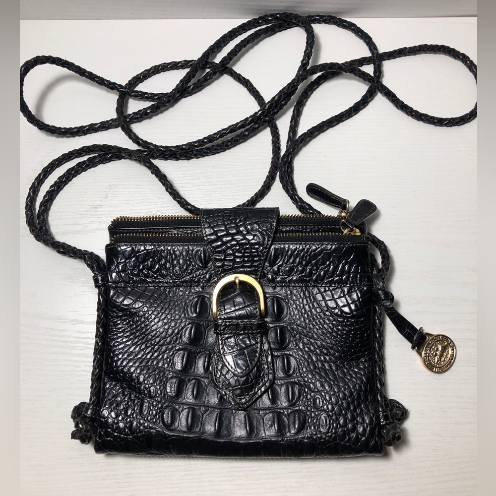 VINTAGE Brahmin Cecilia Flap Black Leather Croc Crossbody Purse Braided